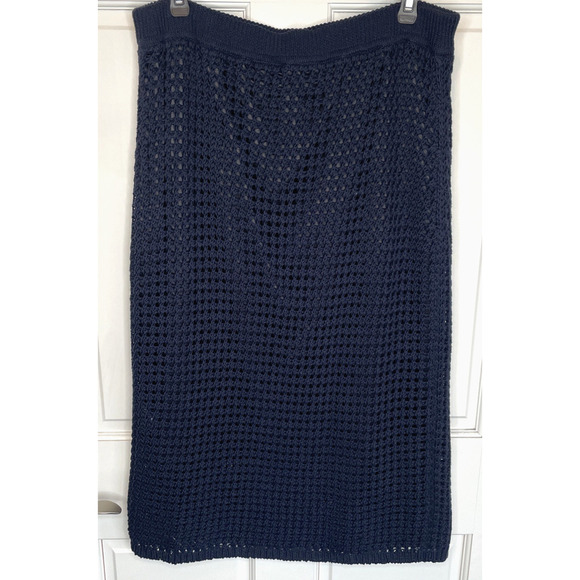 NWT Theory Women's Navy Blue Crochet Cotton Textured Knit Midi Pencil Skirt Sz L - Picture 4 of 16